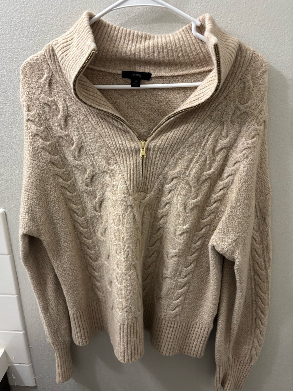 J. Crew Neutral Cable-Knit Half-Zip Sweater with Gold Zipper
